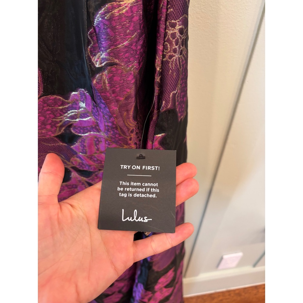 Lulus Black Purple Floral Jacquard Strapless Maxi Dress Formal Gown Large NWT - Picture 4 of 7